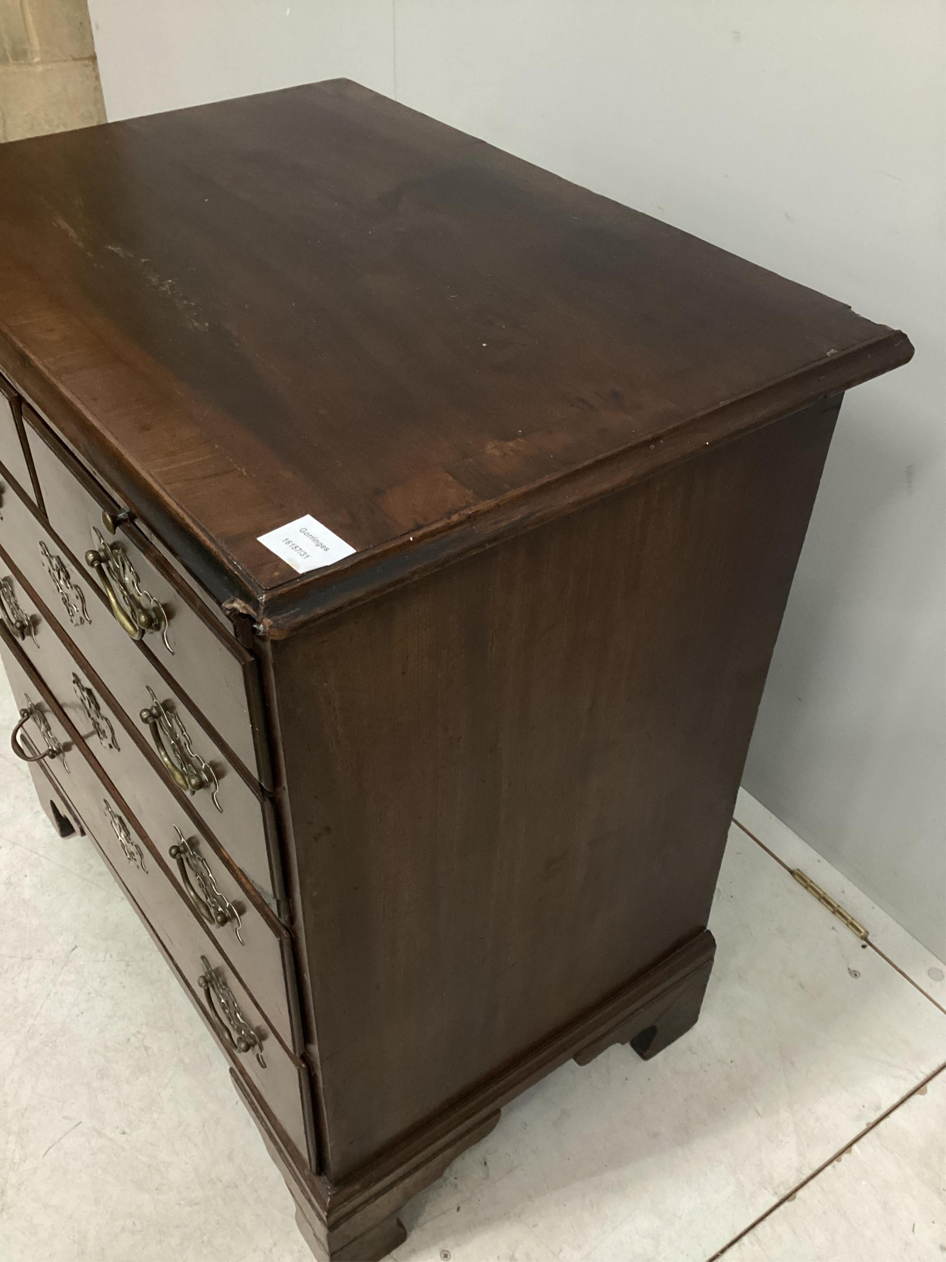 A small George III mahogany five drawer chest with brushing slide, width 70cm, depth 48cm, height 78cm. Condition - fair